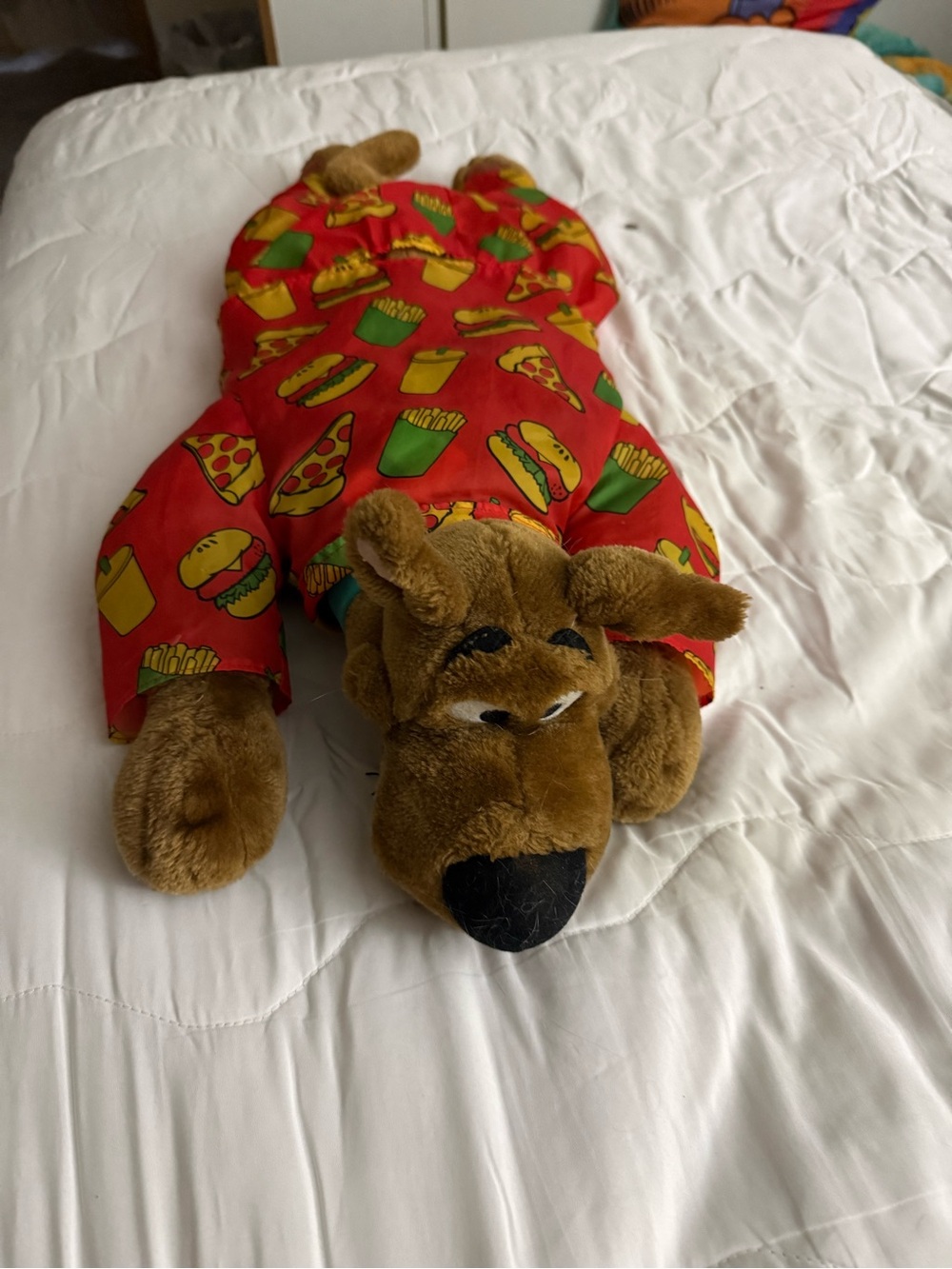 Brown Plush Dog Stuffed Animal in Red Fast-Food Print Outfit